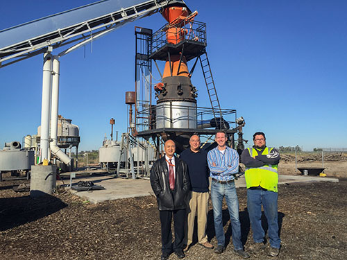 From left to right, Professor YangQuan Chen, Professor Gerardo Diaz, Phoenix Energy CEO and UC Merced Trustee Gregory Stangl and Phoenix Energy plant Manager Todd Machado are working on biochar projects together.