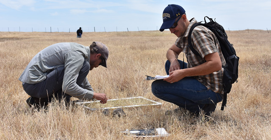 Professor Jason Sexton, right, works in the field with a graduate student. 