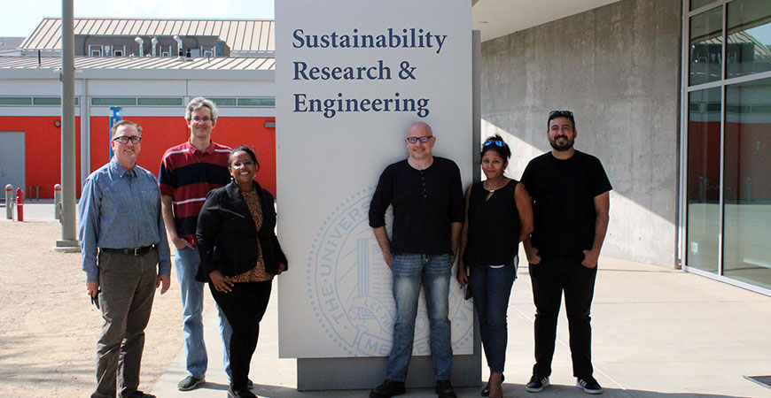 From left, professors Tom Harmon, David Strubbe, Asmeret Asefaw Berhe, Michael Scheibner, Sayantani Ghosh and Mehmet Baykara