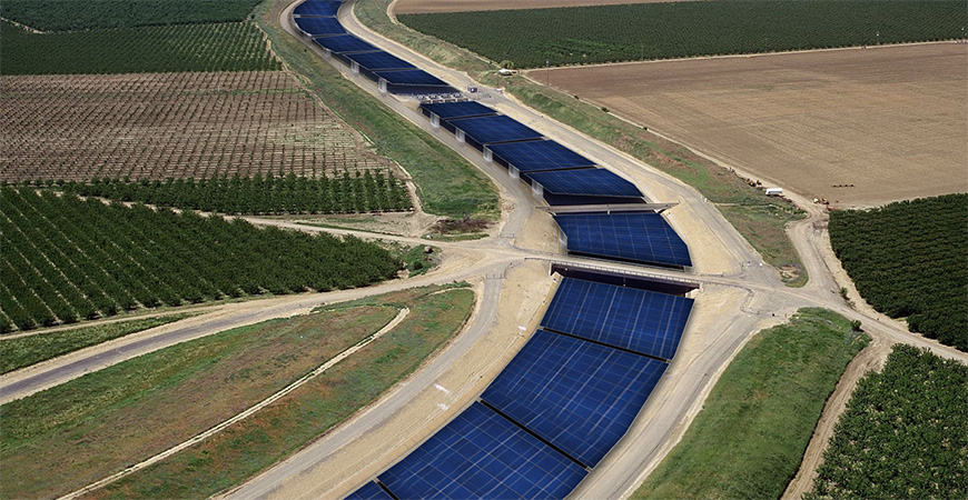 Covering California's canals in solar panels could save 63 billion gallons of water annually, which is comparable to the amount needed to irrigate 50,000 acres of farmland.