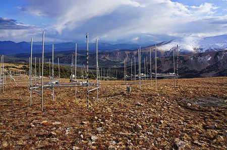 Infrared heaters are suspended from scaffolding surrounding heated plots in the alpine tundra. Photo courtesy of Andrew B. Moyes