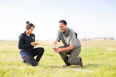 Professor Teamrat Ghezzehei and student perform research in the vernal pools